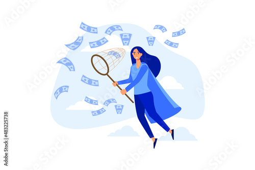 People catch money vector illustration. Cartoon flat employee group characters holding nets, businessman businesswoman jumping, catching flying money coins, success business concept isolated on white