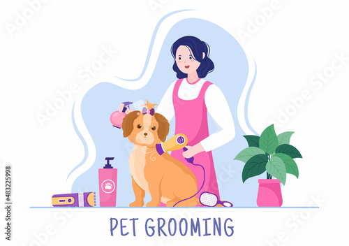Pet Grooming for Dogs and Cats in Flat Cartoon Hand drawn Background Illustration. The Main Tools Which are used in Beauty Salon for Poster or Banner