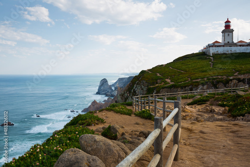 Scenic view of lighthouse at cape Cabo da Roca in sunny spring day, Portugal