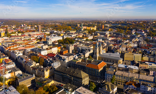 Aerial view of old town buildings of Czech city of Ostrava