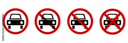 No car icon set. Vehicle sign. Red circle. Prohibited symbol. Road element. Flat design. Vector illustration. Stock image. 