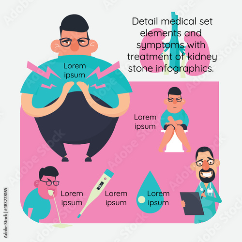 Detail medical set elements and symptoms with treatment of kidney stone infographics. 