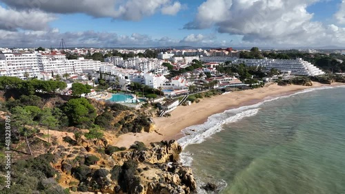 Albufeira Waterfront Architecture Hotels - Algarve, Ulbufeira, Portugal - Stabilized droneview in 4K photo