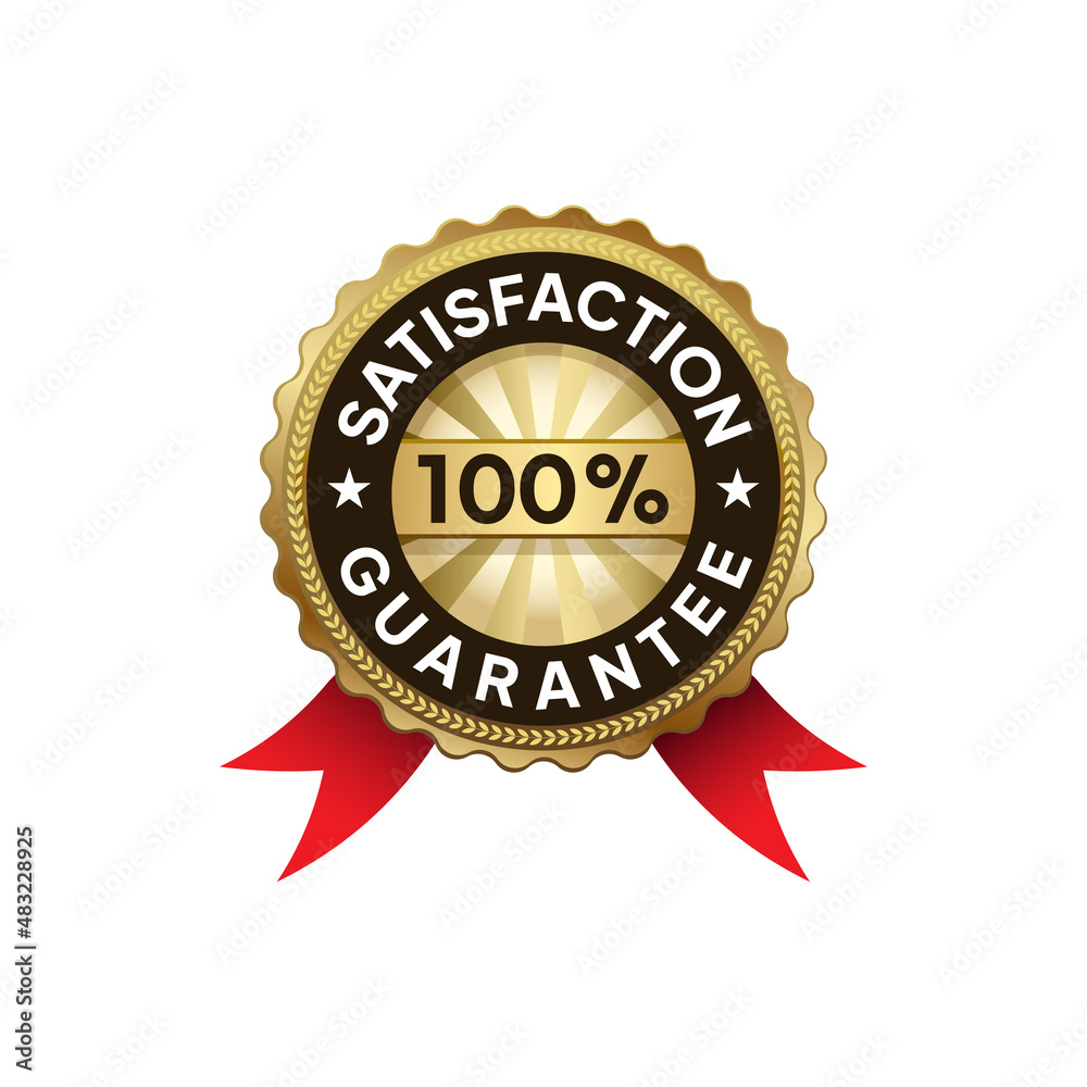 Label 100% Customer Satisfaction Guarantee Certification Badge in Gold and Silver. Symbol of Brilliant Quality Product Packaging. Label 100% Customer Satisfaction Guarantee Certification Badge in Gold and Silver. Symbol of Brilliant Quality Product Packaging.