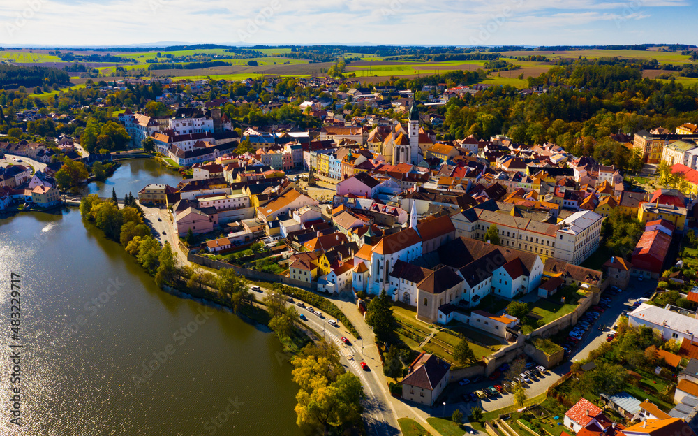Aerial cityscape of small Czech town Jindrichuv Hradec