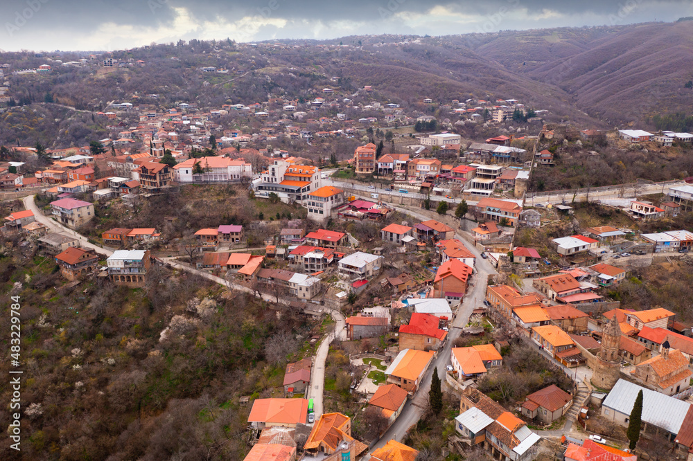 Aerial view of the small tourist town of Sighnaghi, located on a high hill in the center of the Alazani Valley, Georgia