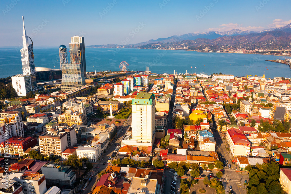 Drone view of the resort port city of Batumi, located off the Black Sea ...