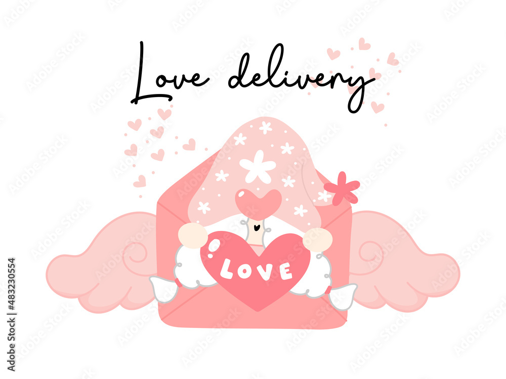 Cute valentine gnome girl with love heart and cupid love letter, love delivery, cute cartoon flat vector Cute valentine gnome girl with love heart and cupid love letter, love delivery, cute cartoon flat vector