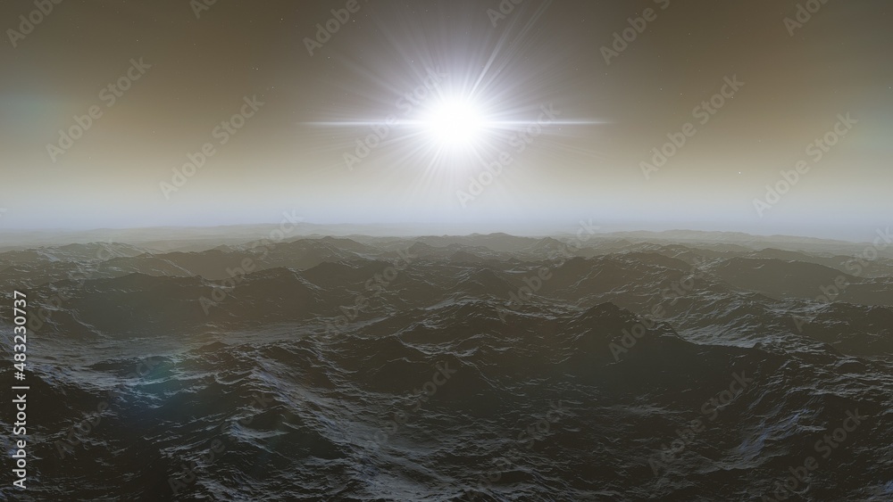 Fototapeta premium science fiction wallpaper, cosmic landscape, realistic exoplanet, abstract cosmic texture, beautiful alien planet in far space, detailed planet surface, abstract aerial view 3d render