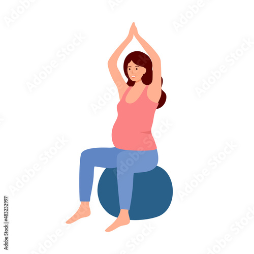 Pregnant woman doing exercise for relaxation in flat design on white background. Pregnancy yoga concept.