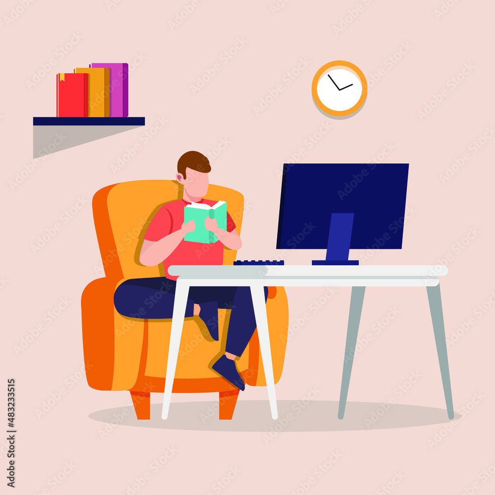 Young boy open and reading books on the sofa at the home. flat design concept. Vector illustration. Young boy open and reading books on the sofa at the home. flat design concept. Vector illustration.