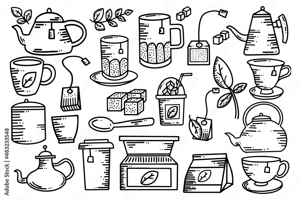 hand drawn healthy drink teabag illustration vector on set
