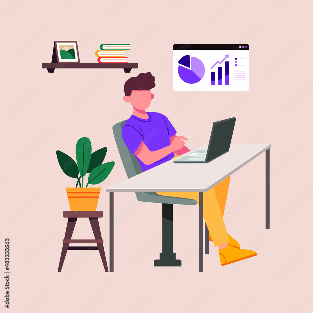  Curly boy student learning online courses about sales in graphic. Online education and e-learning concept. Flat Isometric Vector Illustration.