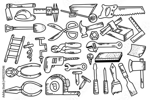 Hand drawn carpentry tool illustration collection of saw, hammer, drill, scissors etc