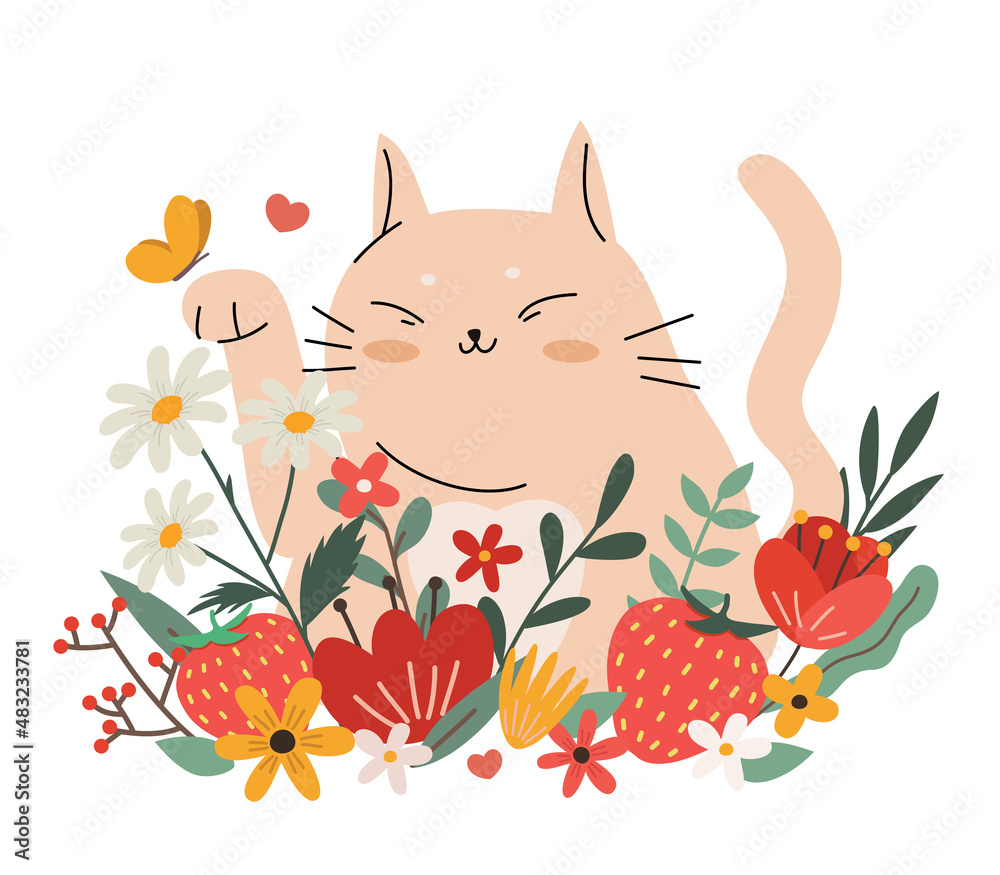 Cute cat with flowers. Vector illustration for greetings, postcard, cards.