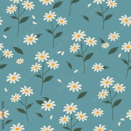 Floral background. Seamless flat colorful hand drawn  pattern with flowers for fabric textile or wrapping paper. Chamomile vector illustration 