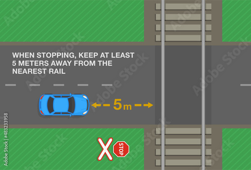Safety car driving rules. When stopping at level crossing, keep at least five meters away from the nearest rail warning. Top view of city road. Flat vector illustration template.