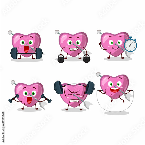 A healthy pink cupid love arrow cartoon style trying some tools on Fitness center
