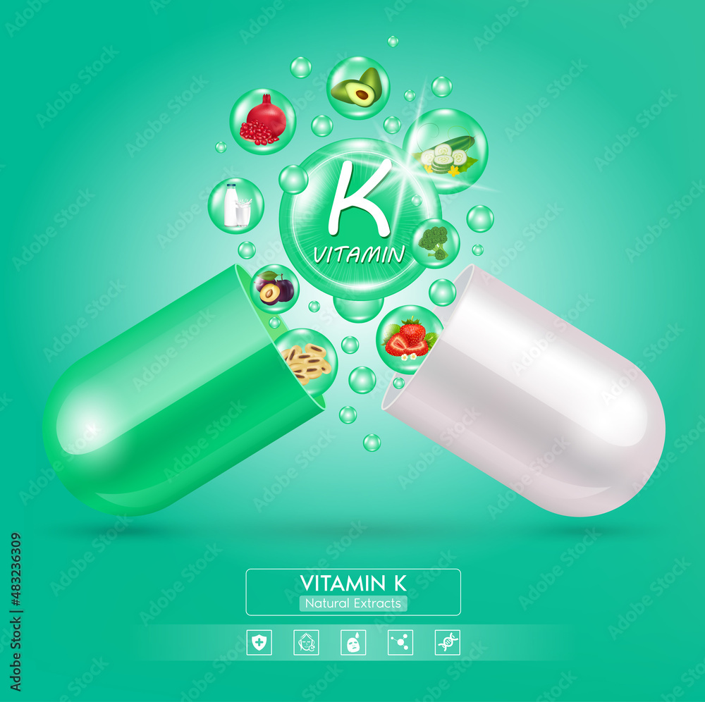 Vetor de Green vitamin K medicine capsule. Fruits and vegetables that