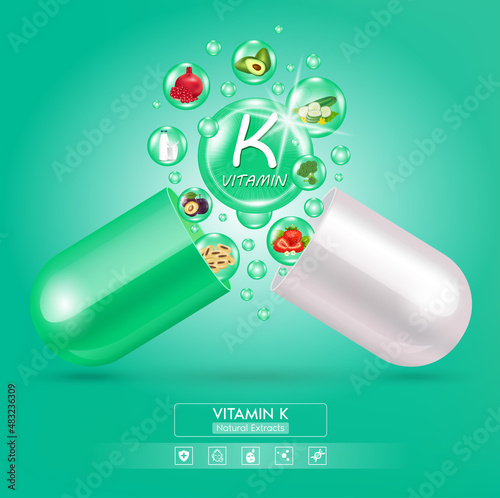 Green vitamin K medicine capsule. Fruits and vegetables that neutralize free radicals. With chemical formula. Anti aging beauty enhancement concept and health care. 3D vector EPS10.