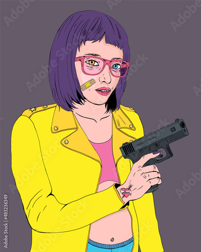 Sexy Girl Killer Pointing Gun Cyberpunk Cartoon Illustration Style