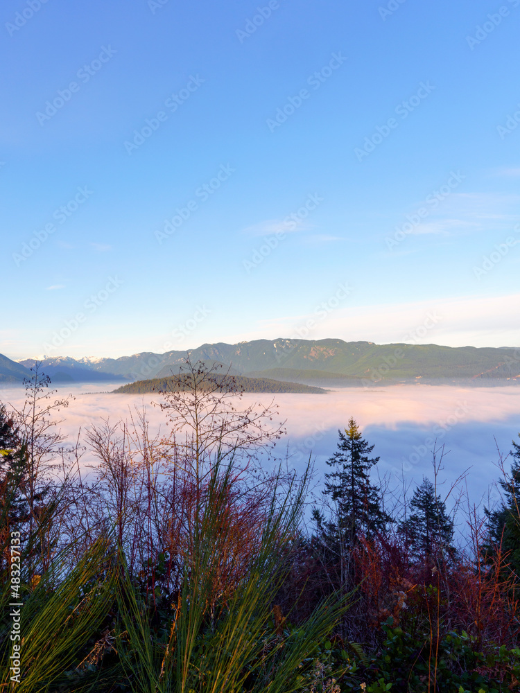 Dense winter cloud inversion partially covering mountains as seen from a BC park.