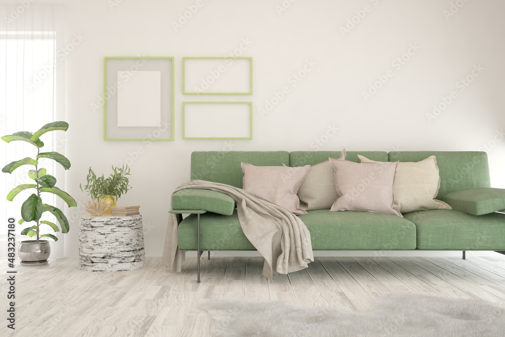 Obraz premium White living room with sofa. Scandinavian interior design. 3D illustration