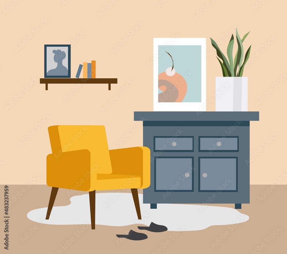 Part of the living room interior. Chest of drawers with house plants. Vector illustration. Part of the living room interior. Chest of drawers with house plants. Vector illustration.