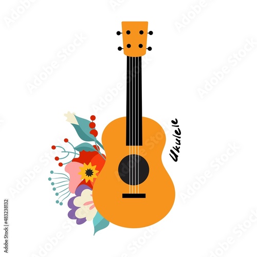 Small ukulele guitar with flowers and leaves. Hand drawn style vector illustration.