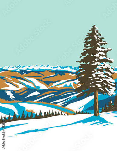 WPA poster art of Beaver Creek ski resort near Avon, Colorado, United States USA done in works project administration style or federal art project style.
