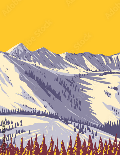 WPA poster art of Snowbird Ski and Summer Resort at Hidden Peak near Salt Lake City, Utah, United States USA done in works project administration style or federal art project style. photo