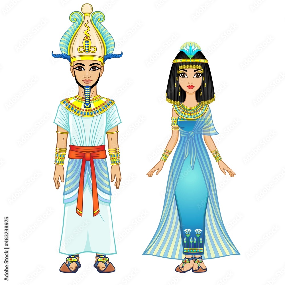 Cartoon portrait of Egyptian family in ancient clothes. Pharaoh, King, God. Full growth. Vector illustration isolated on a white background.
