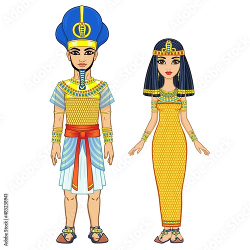 Cartoon portrait of Egyptian family in ancient clothes. Pharaoh, King, God. Full growth. Vector illustration isolated on a white background.