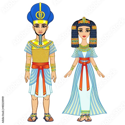 Cartoon portrait of Egyptian family in ancient clothes. Pharaoh, King, God. Full growth. Vector illustration isolated on a white background.