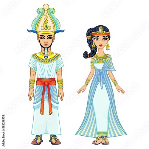 Cartoon portrait of Egyptian family in ancient clothes. Pharaoh, King, God. Full growth. Vector illustration isolated on a white background.