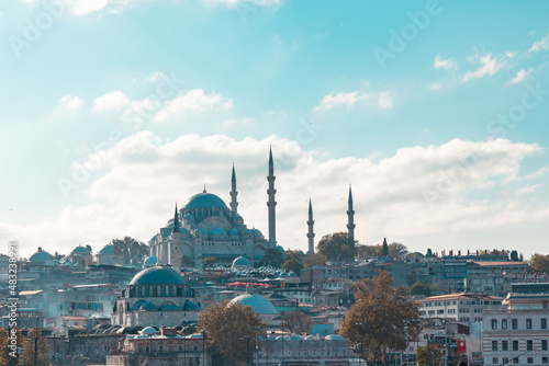 Islamic background photo. Suleymaniye Mosque and cloudy sky