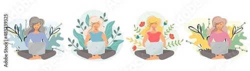 Woman, girl with a laptop in nature at different times of the year. Large green leaves and flowers in the background. The concept of work, freelance, online learning, remote work. Vector cartoon, flat