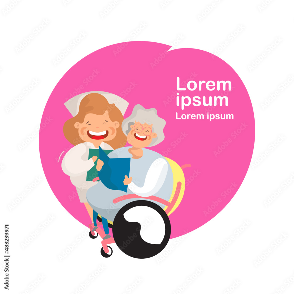 Nurse strolling with elder grey haired woman in wheelchair. Vector
Nurse strolling with elder grey haired woman in wheelchair. Vector