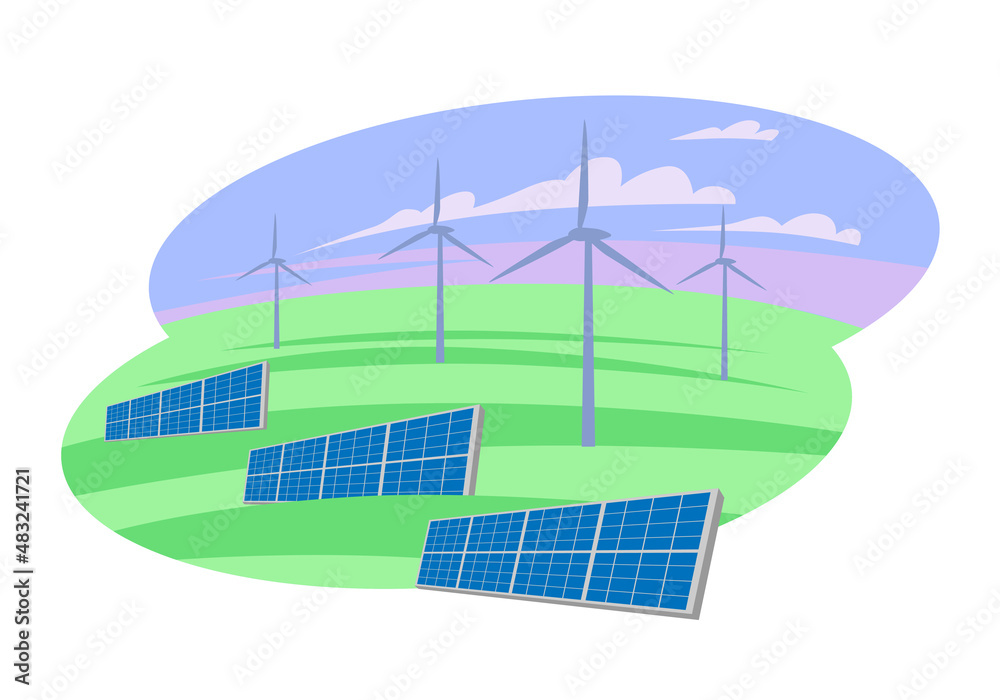 Solar panels and wind power generators in the field. Green renewable energy. Vector illustration Solar panels and wind power generators in the field. Green renewable energy. Vector illustration