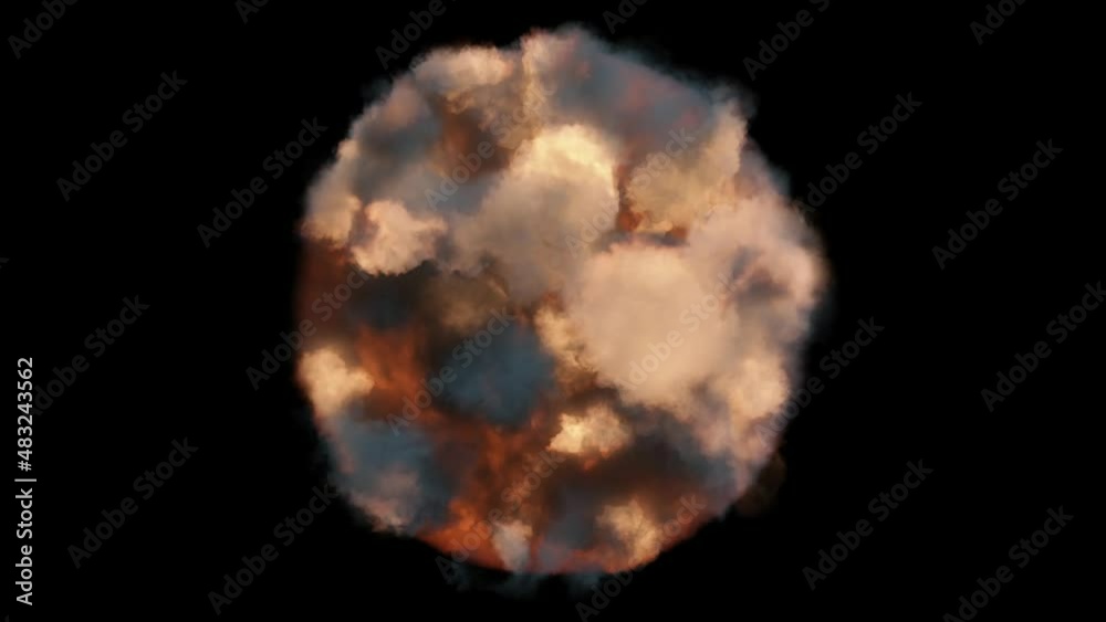 A fiery circle on a black background continuously explodes and swirls with flashes of fire and smoke. Thermonuclear reactions of the disc. A fiery circle on a black background continuously explodes and swirls with flashes of fire and smoke. Thermonuclear reactions of the disc.