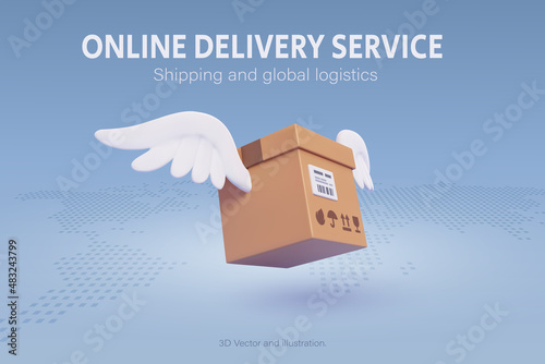 Brown parcel cardboard box fly over the world map, online delivery service or shipping and global logistic concept, quick and fast cargo shipment