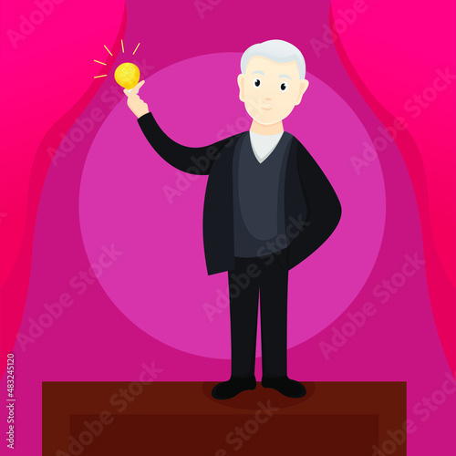Thomas Alva Edison is Holding Lamp in His Hand. Vectoral Cartoon Flat Illustation. White Background Isolated.