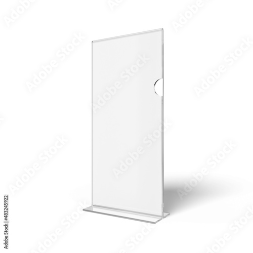 Transparent Desk Top Acrylic DL Brochure Stand Isolated on a White Background with paper insert. photo