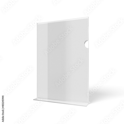 Transparent Table Top Acrylic A5 Brochure Stand Isolated on a White Background with paper insert. photo