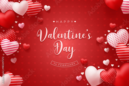 Happy Valentine's Day vector design background with realistic 3d heart for Greeting Card,  flyer, Poster, Banner etc. Vector Illustration Graphic.