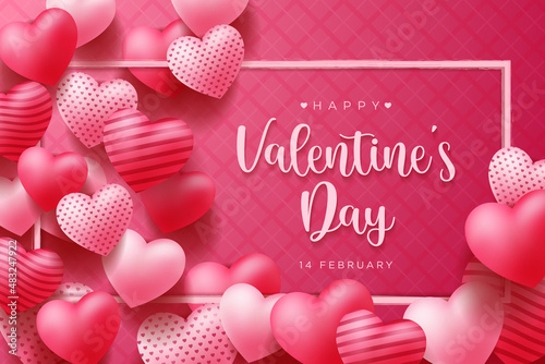 Happy Valentine's Day vector design background with realistic 3d heart for Greeting Card, flyer, Poster, Banner etc. Vector Illustration Graphic.