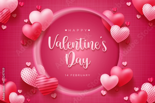 Happy Valentine's Day vector design background with realistic 3d heart for Greeting Card,  flyer, Poster, Banner etc. Vector Illustration Graphic.