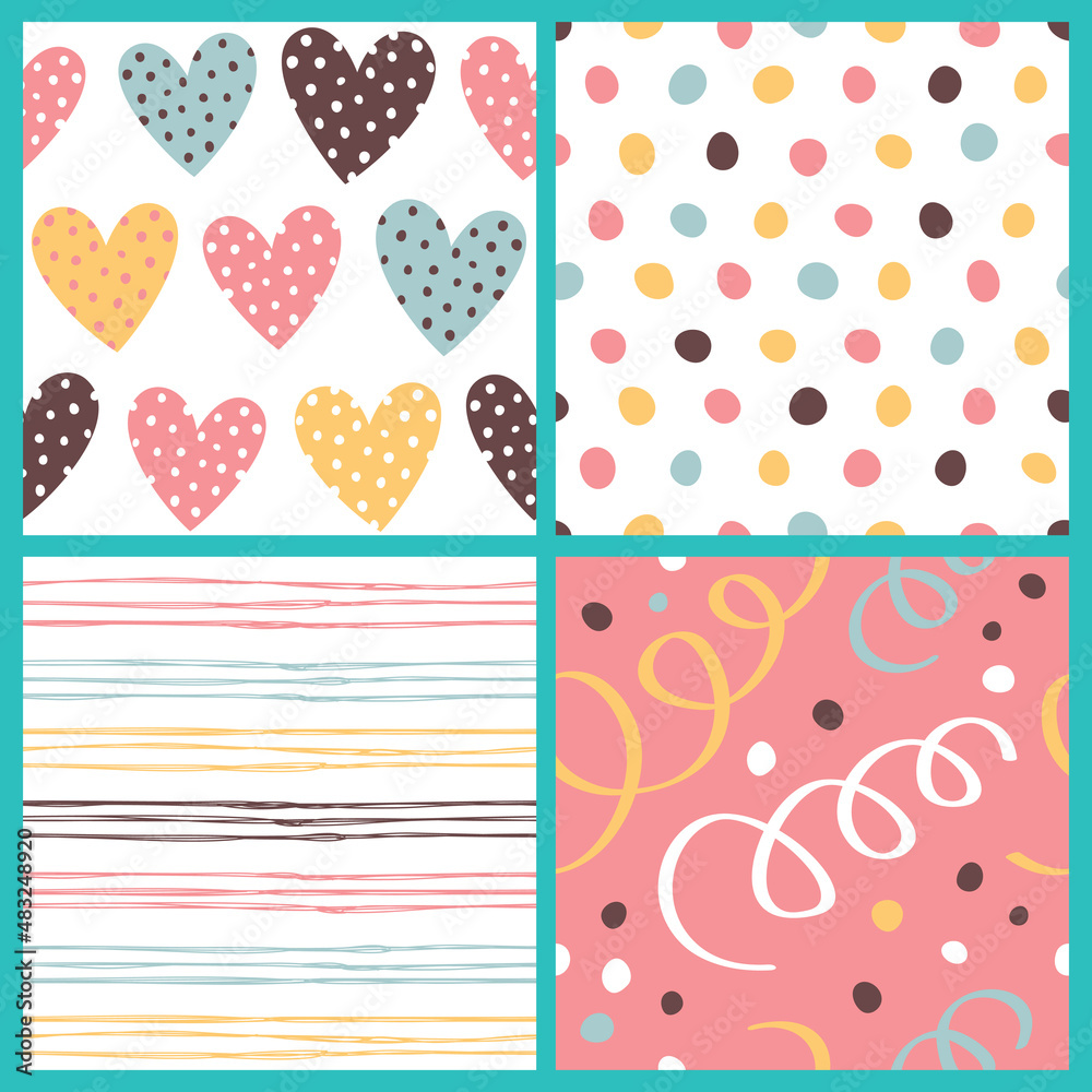 Set of seamless patterns with hearts, stripes and polka dots.