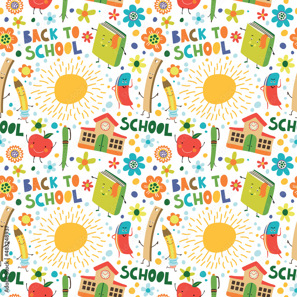 Back to school. Seamless pattern with suns, books, apples, pencils, rulers and erasers. Back to school. Seamless pattern with suns, books, apples, pencils, rulers and erasers.