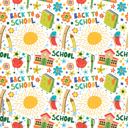 Back to school. Seamless pattern with suns  books  apples  pencils  rulers and erasers.